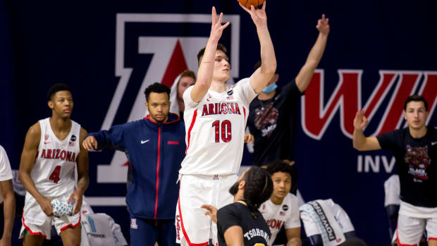 Feb 27, 2021; Tucson, Arizona, USA; Arizona Wildcats forward Azuolas Tubelis (10) shoots the winning two point shot during the second half at McKale Center. Mandatory Credit: Rebecca Sasnett-USA TODAY Sports